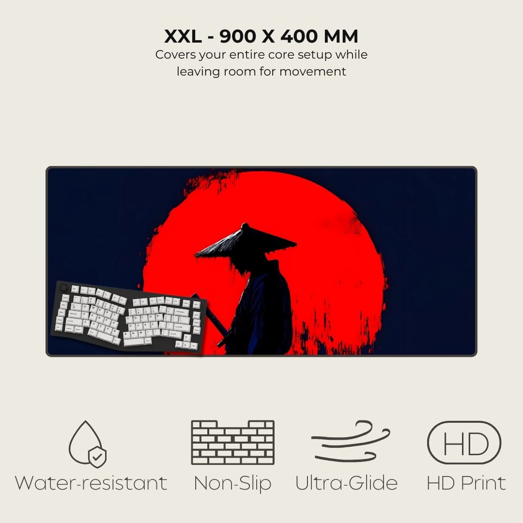 2XL desk mat with warrior design and product features listed.