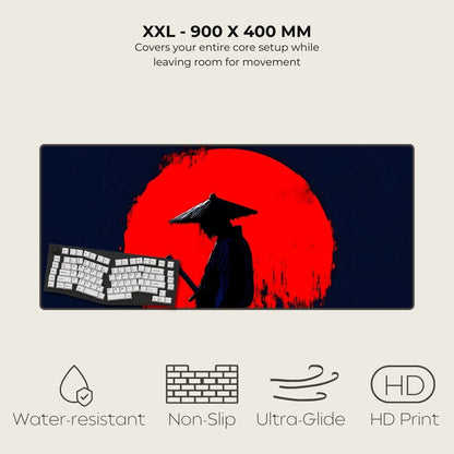 2XL desk mat with warrior design and product features listed.