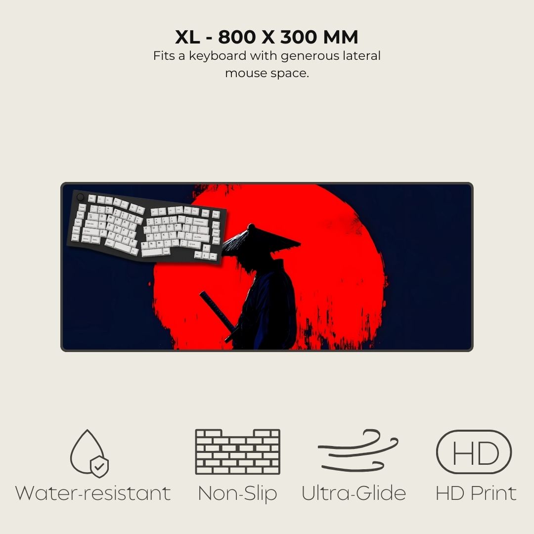 XL mouse pad with artistic design and specifications on a beige background.