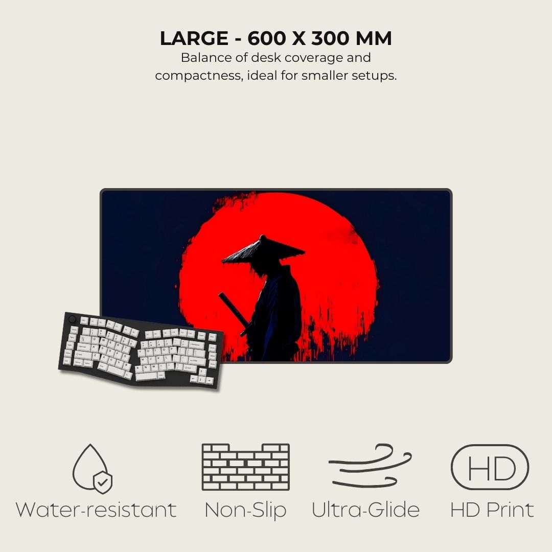 Large mouse pad with a design of a silhouette against a red circle on a black background, placed next to a keyboard. The mouse pad is 600 x 300 mm and is water-resistant, non-slip, ultra-glide, and has an HD print.