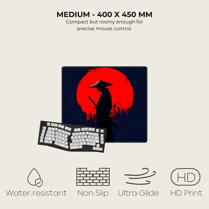 Mouse pad with design of a silhouette against a red moon, keyboard below, and features listed.