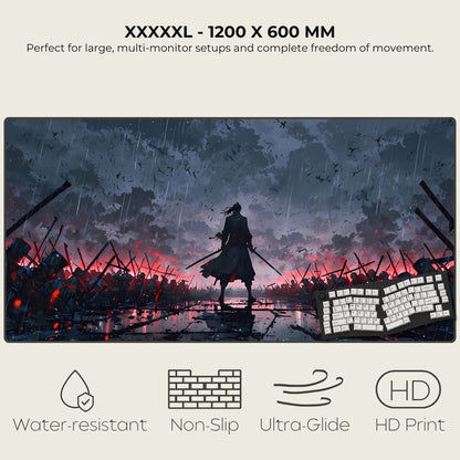 5XL mouse pad art of a warrior standing in a rain-soaked battlefield with a dark sky, surrounded by fallen soldiers and weapons.