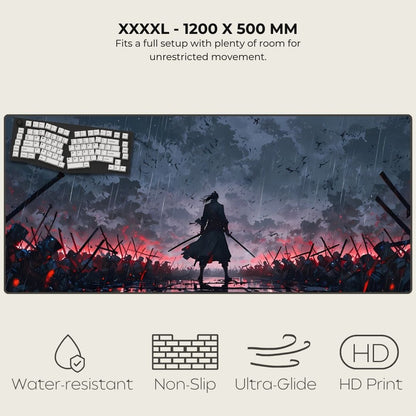 4XL mouse pad art of a warrior standing in a rain-soaked battlefield with a dark sky, surrounded by fallen soldiers and weapons.