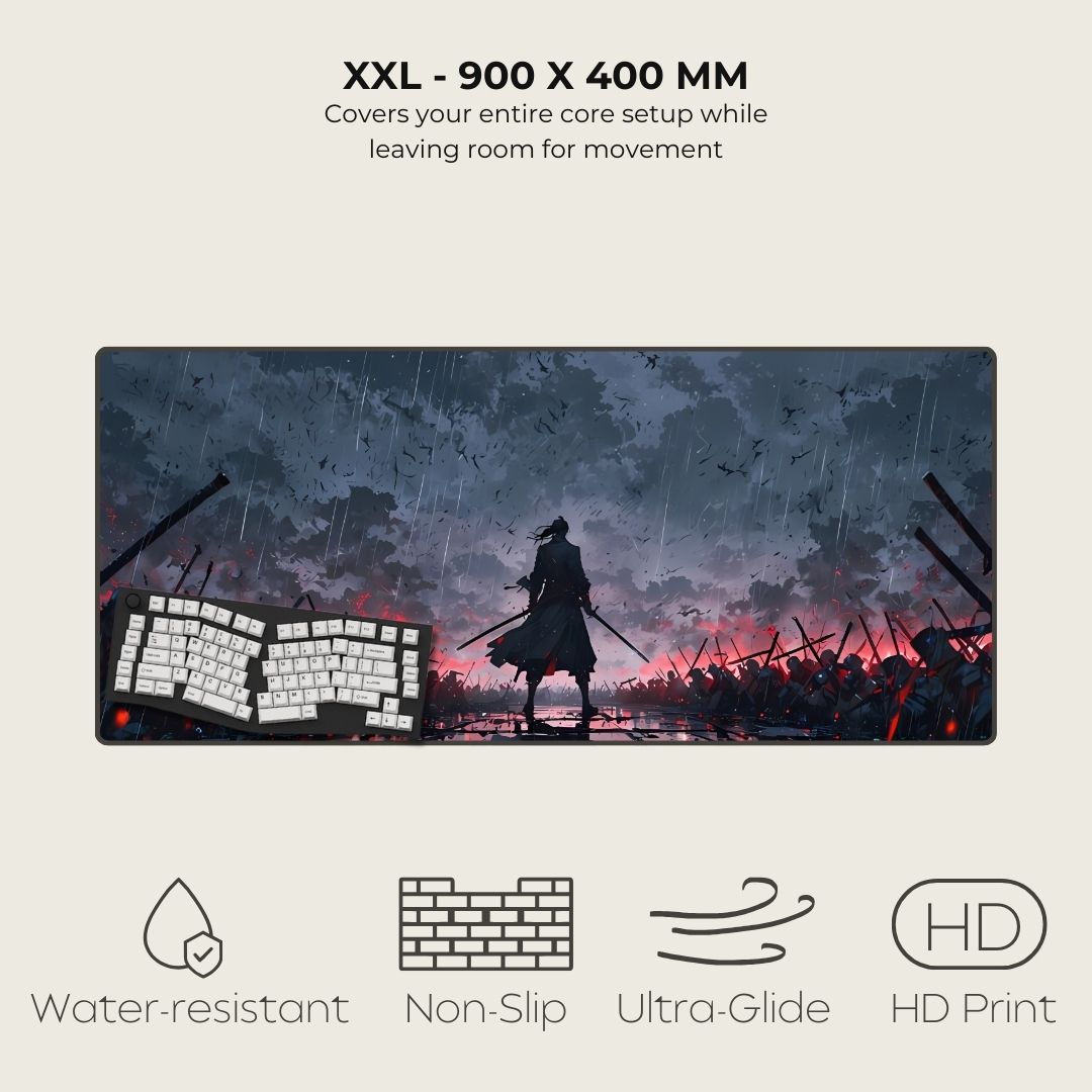 2XL desk mat art of a warrior standing in a rain-soaked battlefield with a dark sky, surrounded by fallen soldiers and weapons.