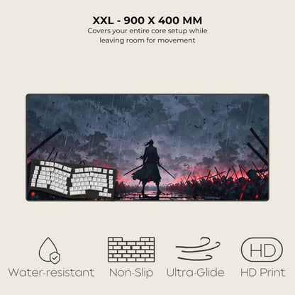 2XL desk mat art of a warrior standing in a rain-soaked battlefield with a dark sky, surrounded by fallen soldiers and weapons.