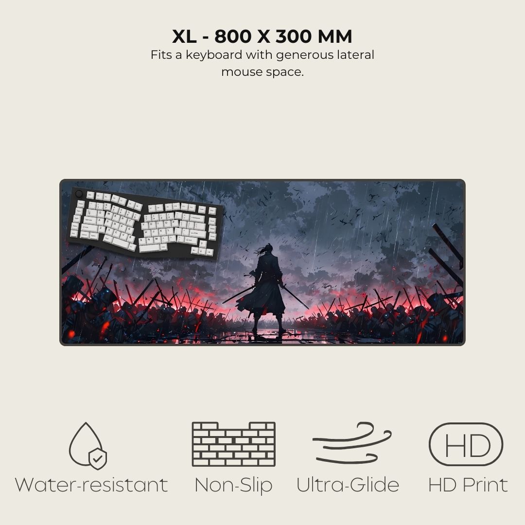 XL gaming mouse pad with warrior design and product specifications.