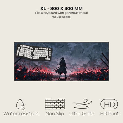 XL gaming mouse pad with warrior design and product specifications.