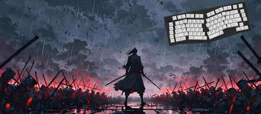 Warrior standing in a rain-soaked battlefield with a dark sky, surrounded by fallen soldiers and weapons.