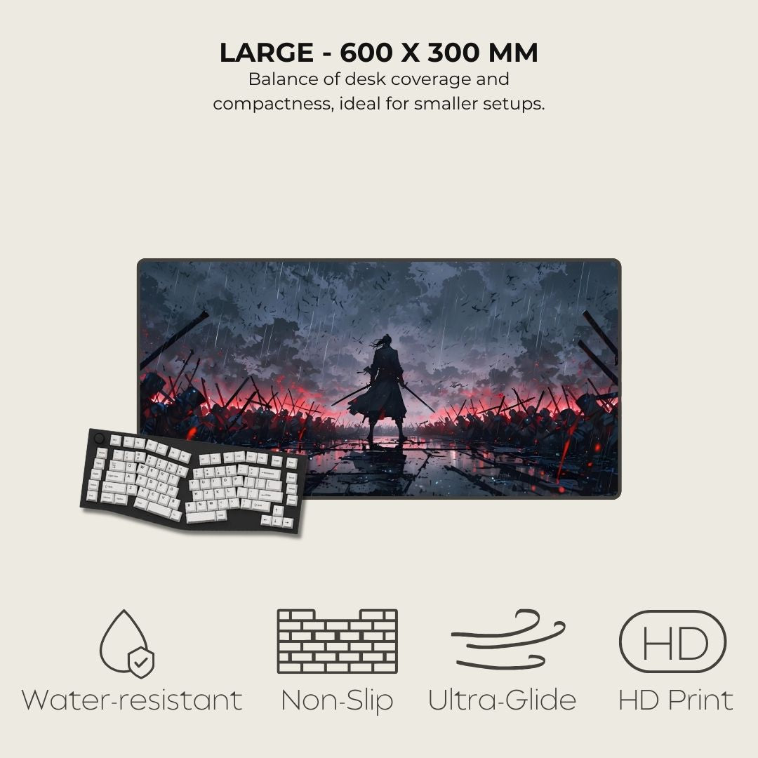 Large mouse pad with warrior design and product features.