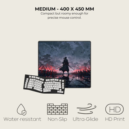 Gaming mouse pad art of a warrior standing in a rain-soaked battlefield with a dark sky, surrounded by fallen soldiers and weapons.