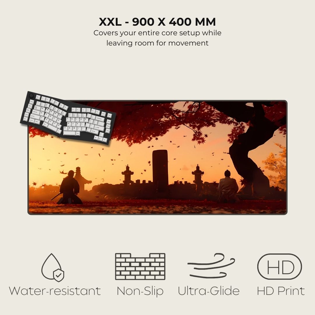 XXL Asian mousepad with scenic design of people sitting under a tree, featuring a keyboard on a sunset background.