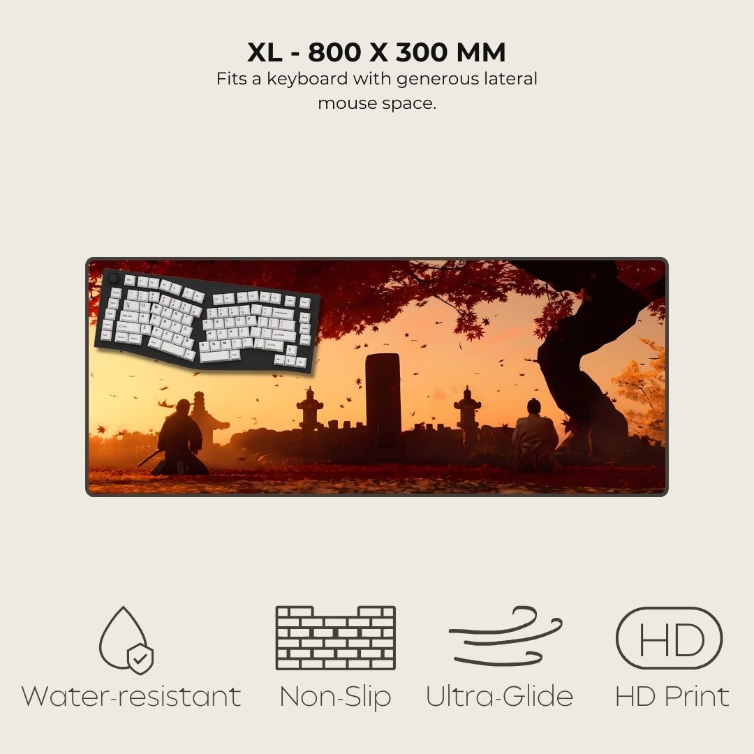 XL Asian mousepad with scenic design of people sitting under a tree, featuring a keyboard on a sunset background.