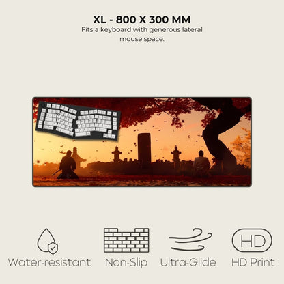 XL Asian mousepad with scenic design of people sitting under a tree, featuring a keyboard on a sunset background.