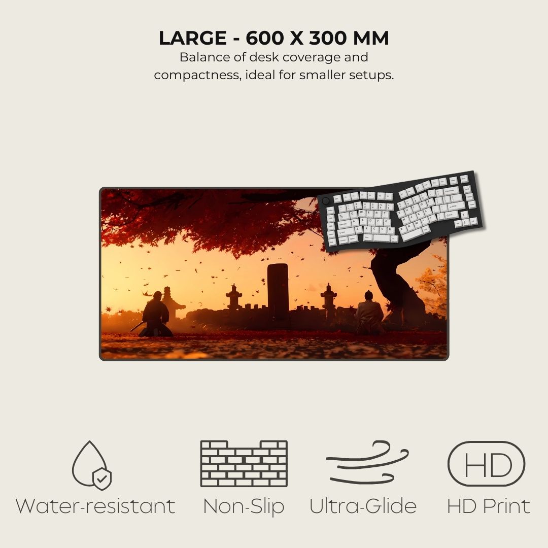 Large Asian mousepad with scenic design of people sitting under a tree, featuring a keyboard on a sunset background.