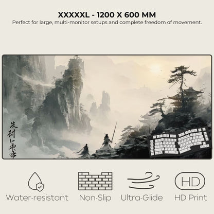 Traditional Chinese landscape shown on an XXXXXL mouse pad with two warriors climbing a mountain.