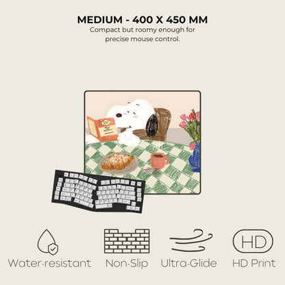 Keyboard mat with a cartoon dog design on a light beige background, featuring text and icons about product features.