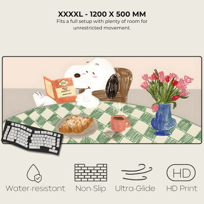 Illustration of a dog at a table with a book, croissant, mug, and vase on a checkered tablecloth.
