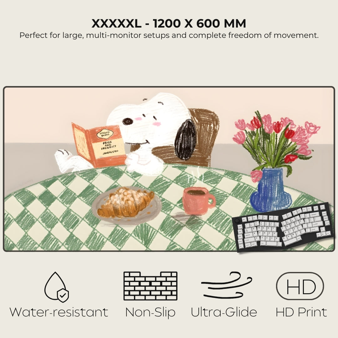 Illustration of a dog at a table with food and a keyboard, featuring text about product dimensions and features.