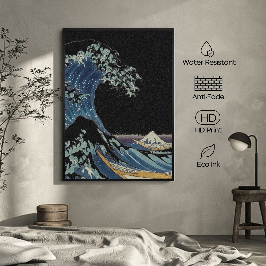 Framed artwork of a wave with Mount Fuji on a wall in a room with a lamp and plant.