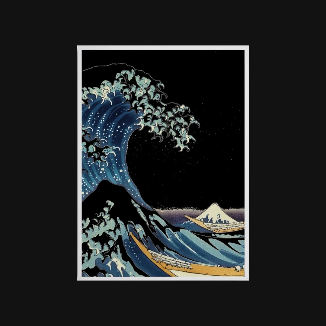 Famous artwork of a large wave with Mount Fuji in the background on a black background