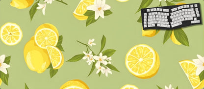 Desk mat with lemon and flower pattern and keyboard on a green background