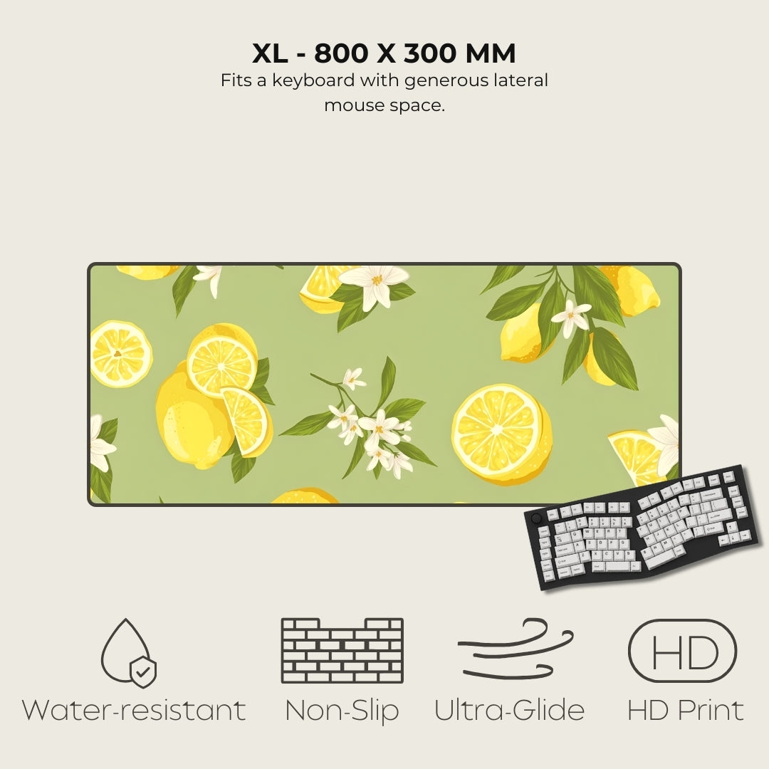 Desk mat with lemon design and keyboard on a light gray background