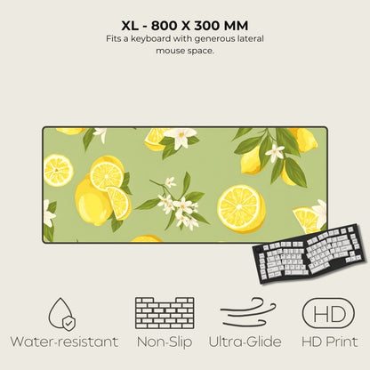 Desk mat with lemon design and keyboard on a light gray background