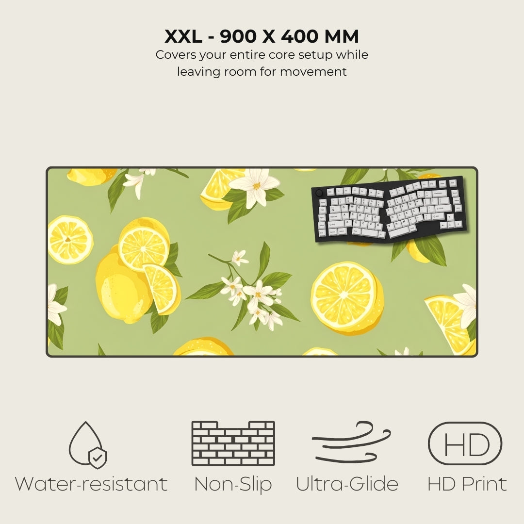 Large mouse pad with lemon design and product features listed.