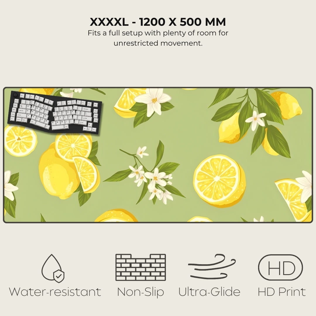 Large desk mat with lemon and flower pattern, featuring text and icons indicating product features.