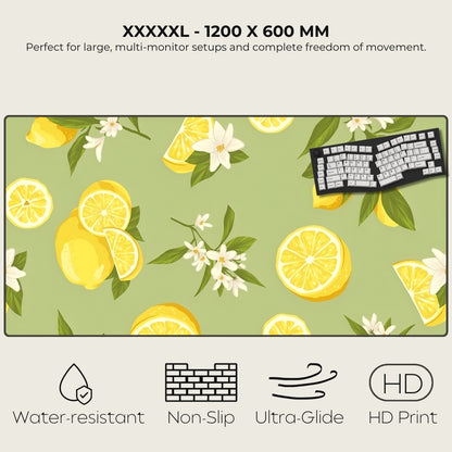 Large desk mat with lemon and flower pattern, featuring a keyboard on top.