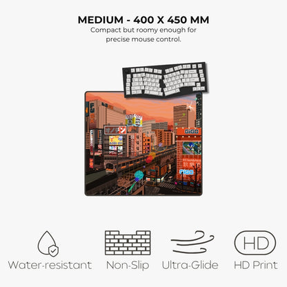 A product listing graphic for a medium-sized desk mat featuring a colorful city street scene print. The mat is shown with a small floating keyboard illustration above it, along with marketing text reading 'MEDIUM - 400 X 450 MM' and feature icons for water resistance, non-slip texture, ultra-glide surface, and HD print