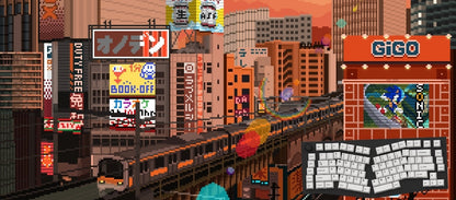 Pixel art mousepad of the retro-futuristic cyberpunk town of Akihabara with tall buildings, neon signs and elevated trains
