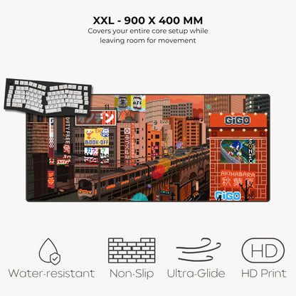 A rectangular gaming playmat featuring a detailed Tokyo cityscape illustration with trains, buildings, and neon signs. The image includes text reading 'XXL - 900 X 400 MM' and feature icons for water-resistant, non-slip, ultra-glide, and HD print.