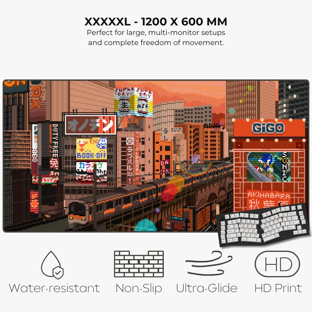 Pixel-art desk mat featuring a retro Japanese city scene with trains, buildings, and neon signs.