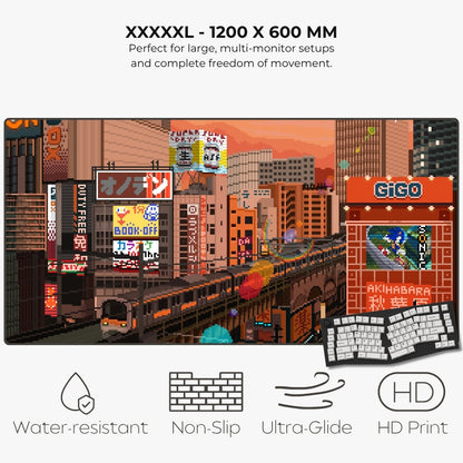 Pixel-art desk mat featuring a retro Japanese city scene with trains, buildings, and neon signs.
