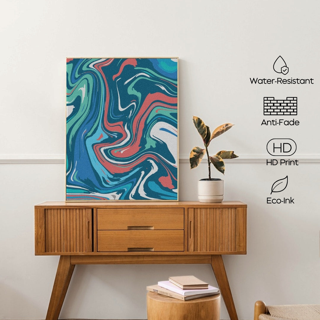 Colorful abstract painting on a wooden console table with a plant and books.
