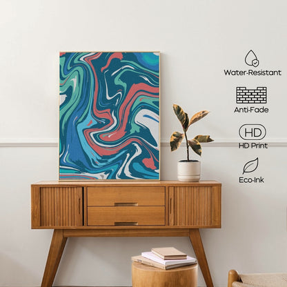 Colorful abstract painting on a wooden console table with a plant and books.