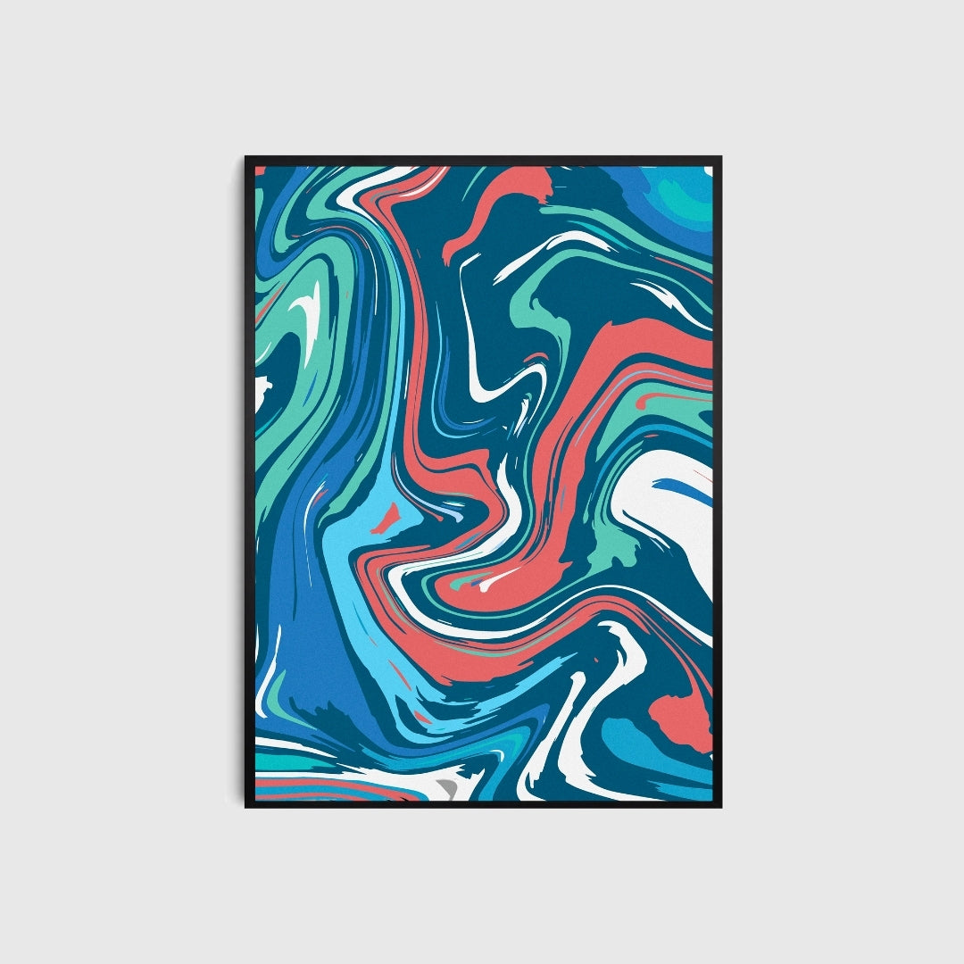Abstract art print with swirling blue, green, and red colors on a white background