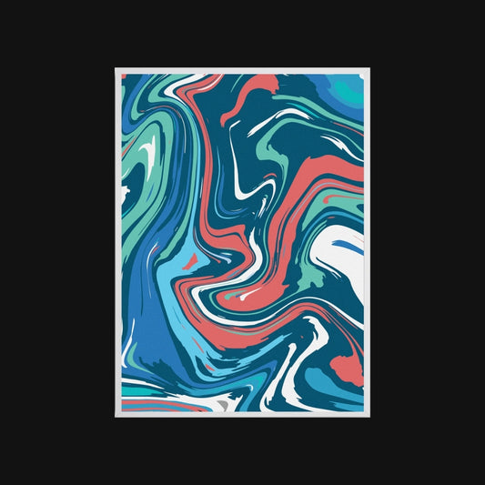 Abstract art print with swirling blue, red, and white patterns on a black background