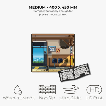 A compact rectangular desk mat featuring an illustrated anime-style train station, with text reading 'MEDIUM - 400 X 450 MM' and feature icons for water-resistant, non-slip, ultra-glide, and HD print.