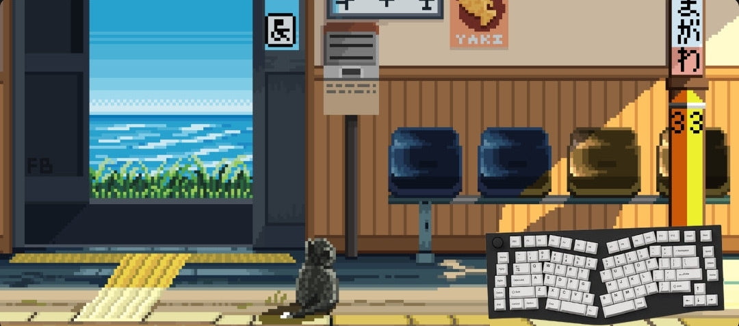 Pixel art mousepad of a cat sitting on a train platform next to an open door looking out at the ocean, with train seats, a keyboard in the foreground, and Japanese signage.