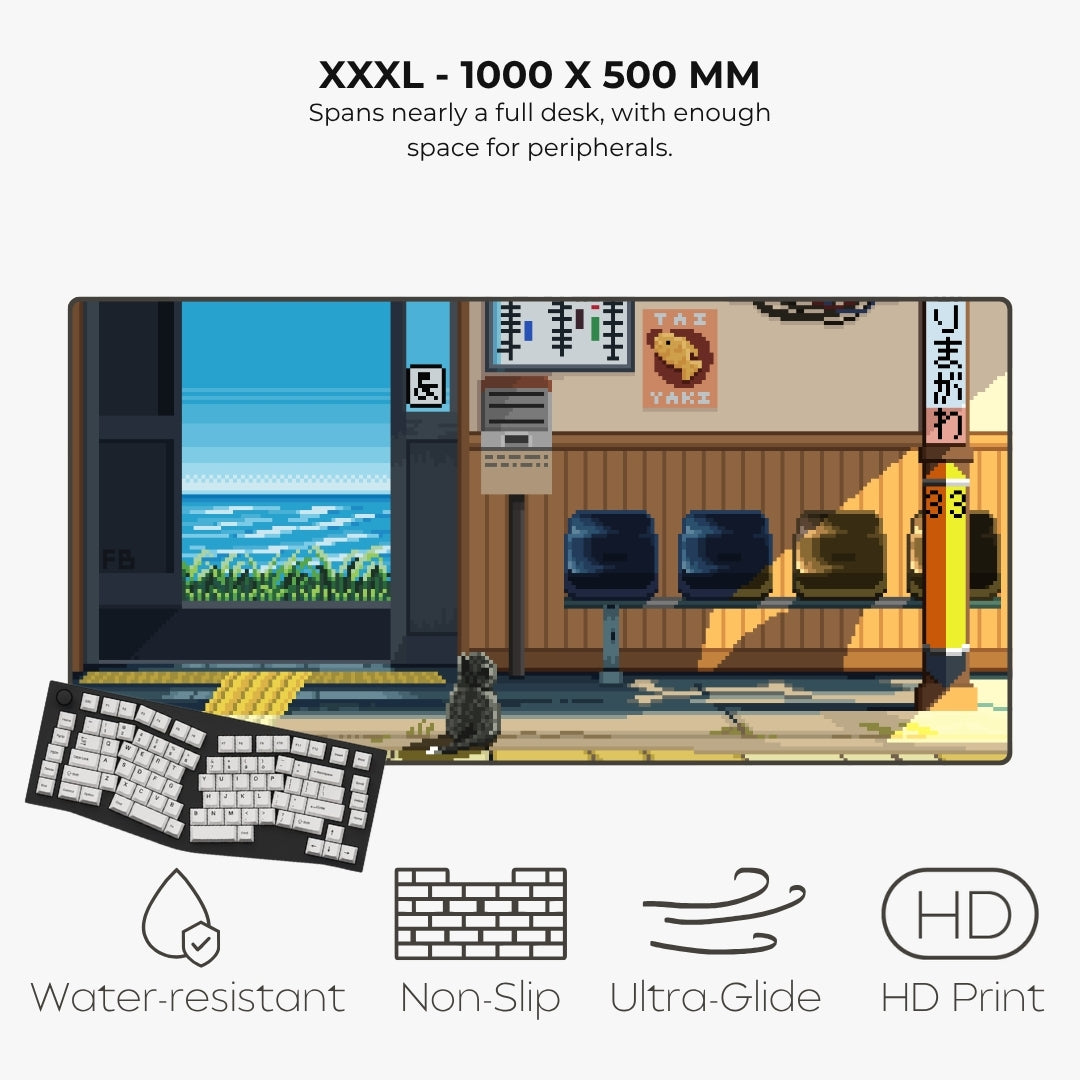 A mousepad showing a 1000 x 500 mm XXL size with a pixel art illustration of a cat in a train station. It features feature callouts for water resistance, non-slip backing, ultra-glide edges, and HD print quality.