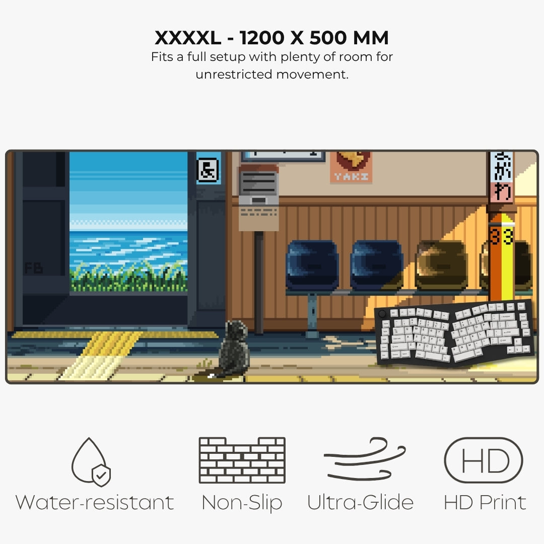 A mousepad product showing a pixel-art style print on a large XXXXL size sheet, with text above stating 'XXXXL - 1200 X 500 MM' and feature icons below for water-resistant, non-slip, ultra-glide, and HD print.