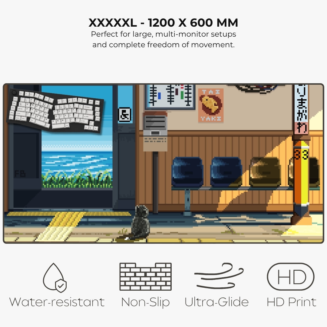 Listing of a large pixel-art mousepad featuring a train station platform scene. Text at the top reads 'XXXXXL - 1200 X 600 MM' with descriptive copy, and the bottom shows feature icons and text for water-resistant, non-slip, ultra-glide, and HD print qualities.