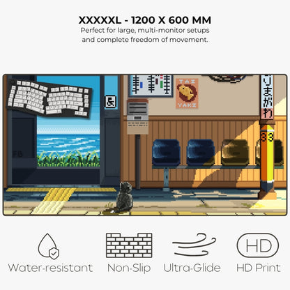 Listing of a large pixel-art mousepad featuring a train station platform scene. Text at the top reads 'XXXXXL - 1200 X 600 MM' with descriptive copy, and the bottom shows feature icons and text for water-resistant, non-slip, ultra-glide, and HD print qualities.