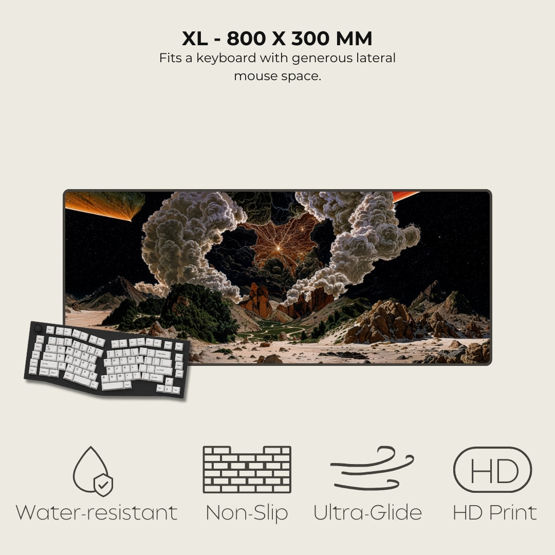 Large mouse pad with nature design, keyboard, and product features on a light background
