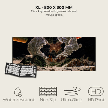 Large mouse pad with nature design, keyboard, and product features on a light background