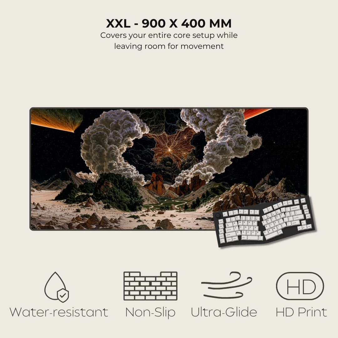 Large mouse pad with a desert landscape design, keyboard, and product features on a beige background.