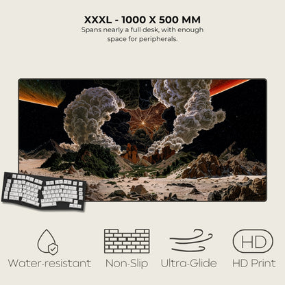 Large desk mat with space-themed design and keyboard, featuring text and icons indicating product features.