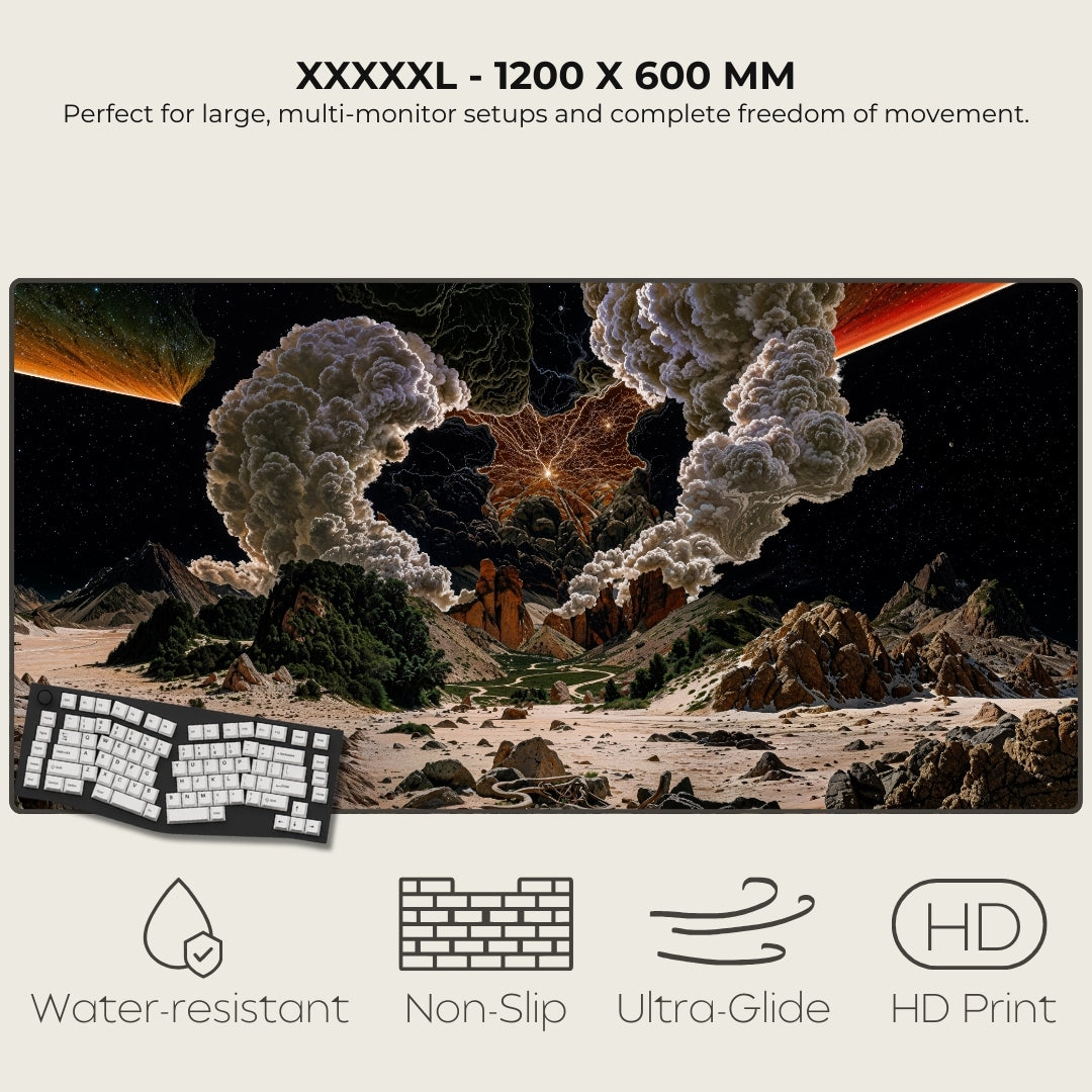 Large monitor desk pad with space-themed design, keyboard, and text about size and features.